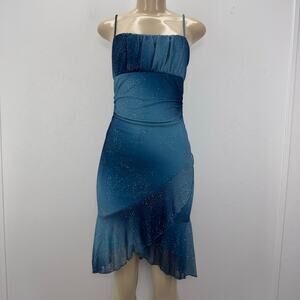 Vintage Y2K Women Sparkly Ruffle Dress Straps Blue Ombre Fairy Forest Coquette
